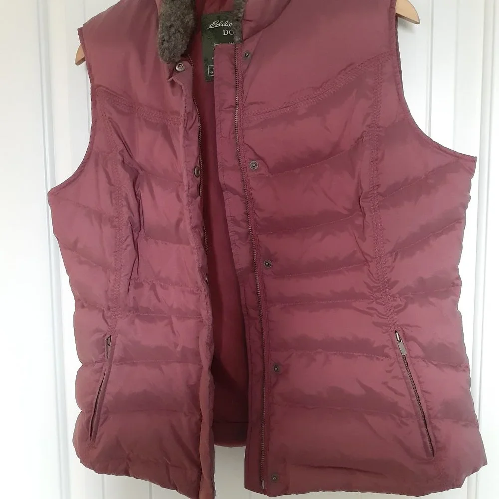 Eddie Bauer Goose Down Full Zip & Snap Vest with Faux Fur Collar Red Size L